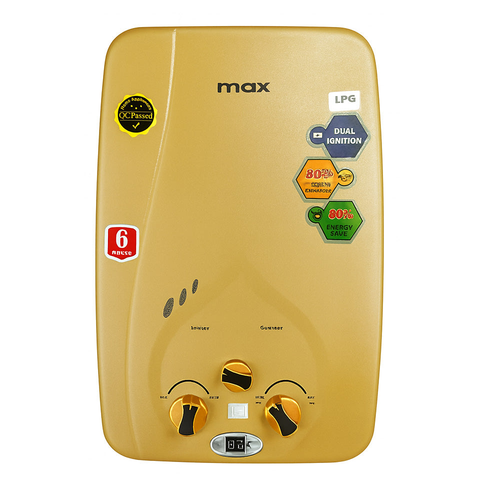 MAX INSTANT GAS GEYSER 6 LITRE Model 6L LPG GOLDEN